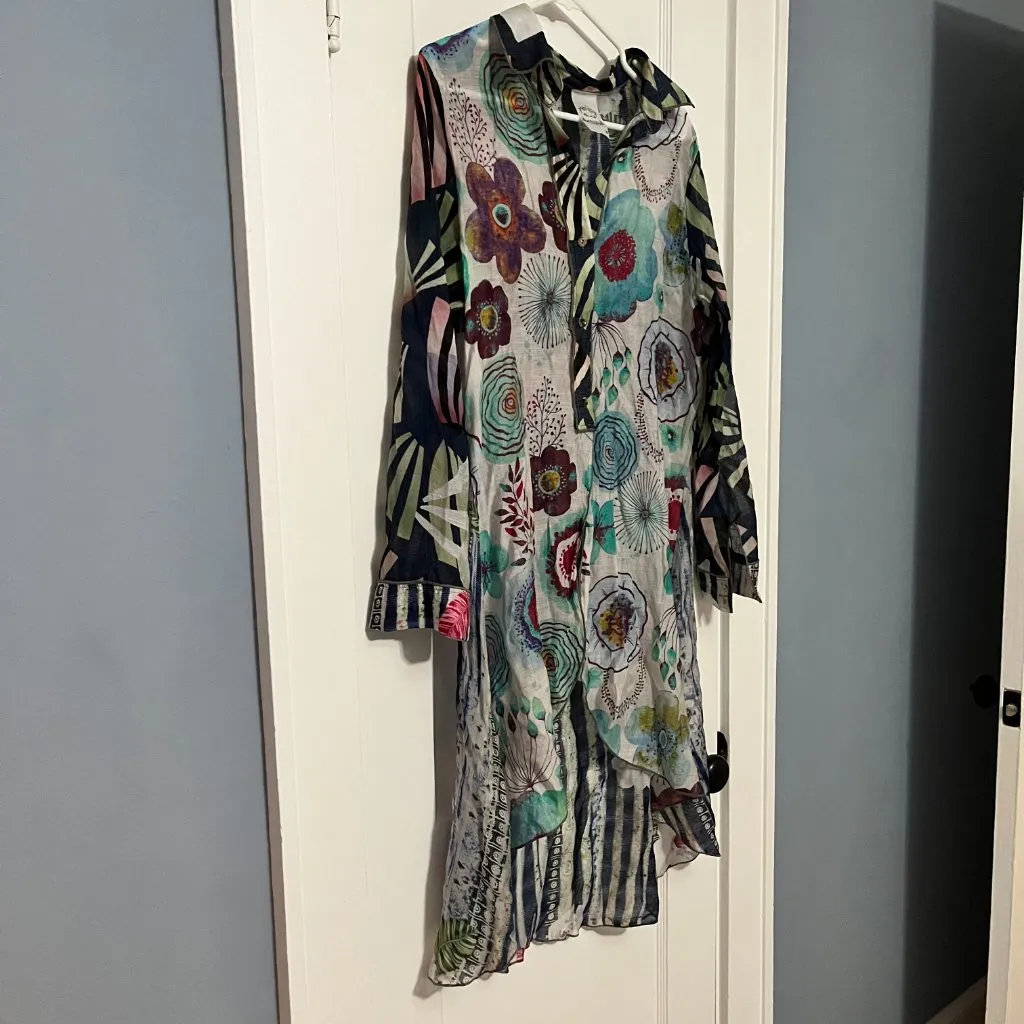 Flew De Lis sheer blouse tunic open front whimsy artsy boho floral size medium Blue - Image 2