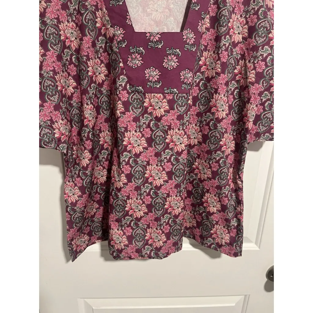 Vermont Country Store Peasant Blouse Smock Womens L Maroon Floral Short Sleeve Pink Size L - Image 4