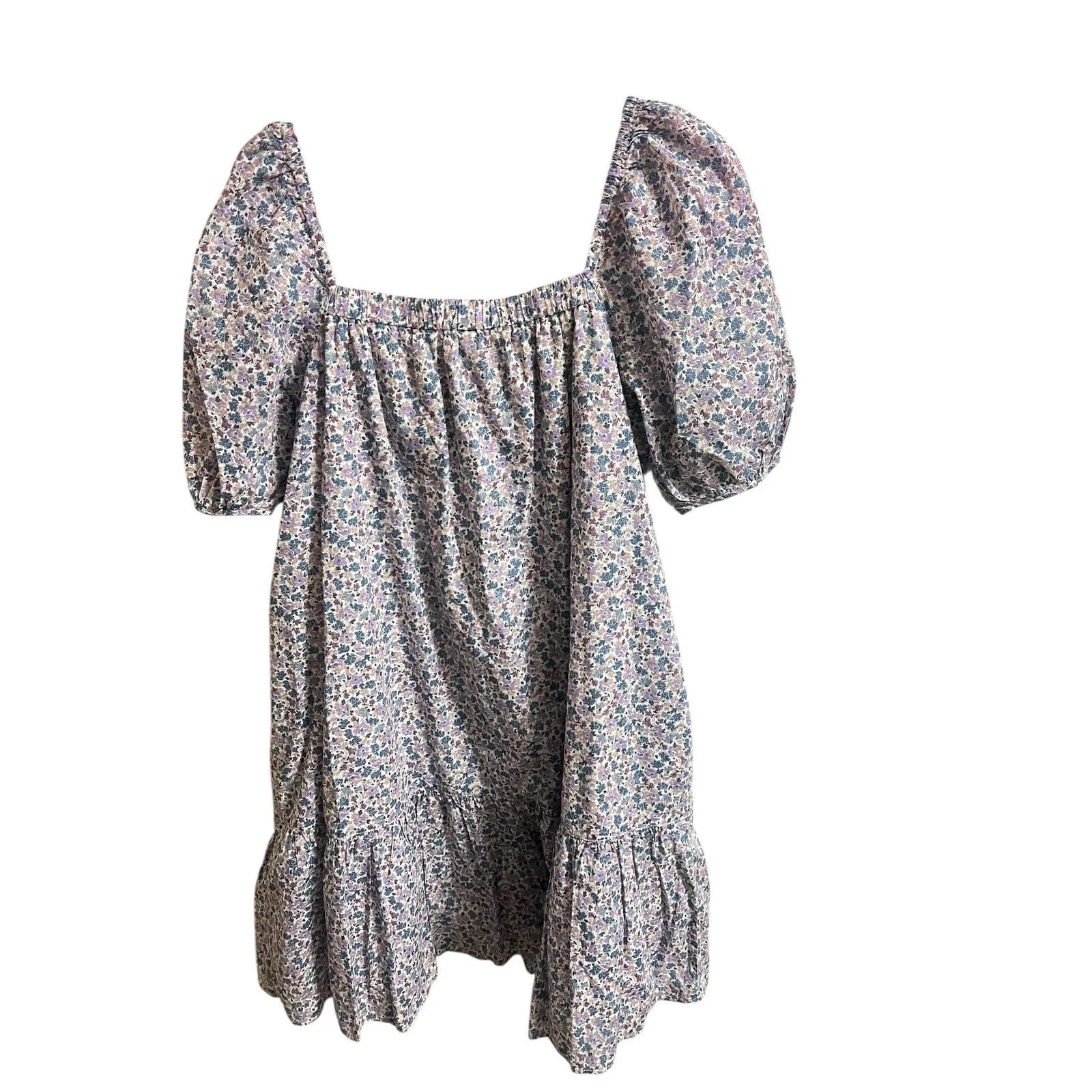 Uniqlo Printed Cotton Mini Dress L Purple Blue Floral Square Neck NWOT - Image 2