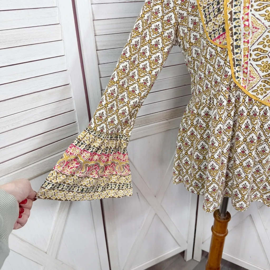 Style & Co  Printed Flared Hem Bell Sleeve V Neck Top Yellow Multi Small - Image 6