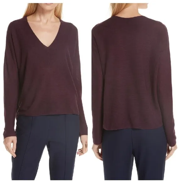 Eileen Fisher Maroon Knit Sweater Silky Tencel V-Neck Boxy Lightweight - Image 2