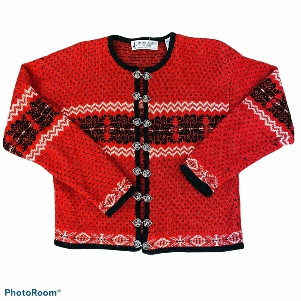 MARSH LANDING Nordic Vintage Cardigan Metal Heart Clasps Size LP - Image 3