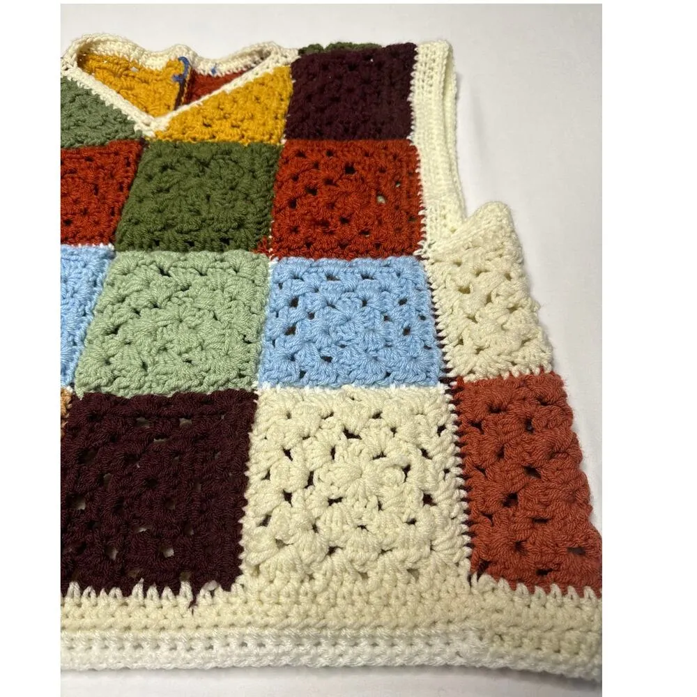 Vintage OOAK Handmade Crocheted Patchwork Hippie crop Vest Multicolor medium Brown - Image 7