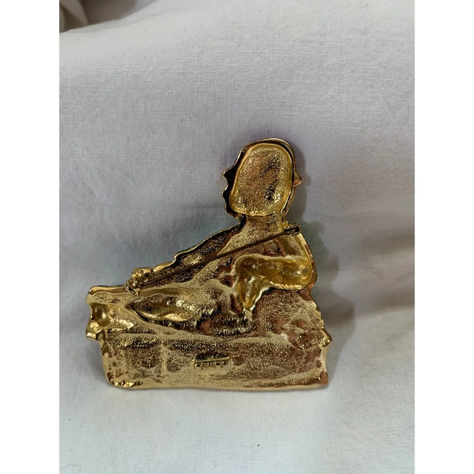 Clown Boy Vintage Brooch Pin Gold Enamel Sitting on Trunk Red Bottle Purple Hat - Image 3