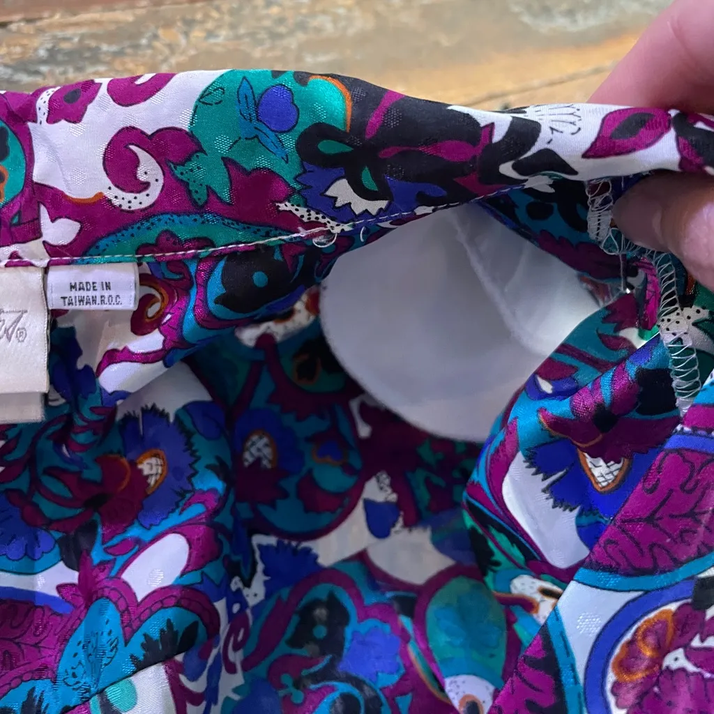 Vintage 70s 80s Pykettes Abstract Floral Pleated Button Up Blouse 💚🎀 Purple Size L - Image 9