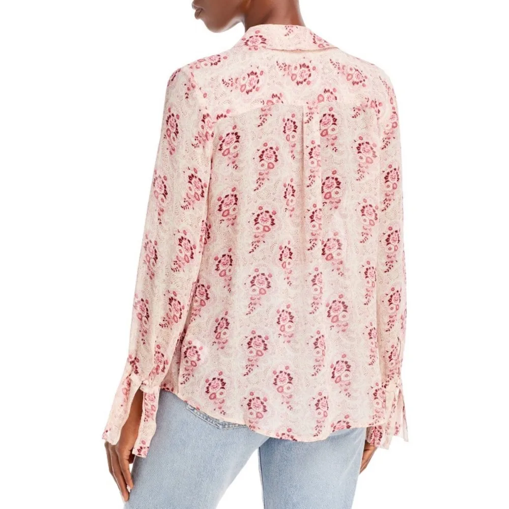 PAIGE Silk Ruffled Pleated Sheer Floral Button Up Top, Pink Size XS New w/Tag - Image 4