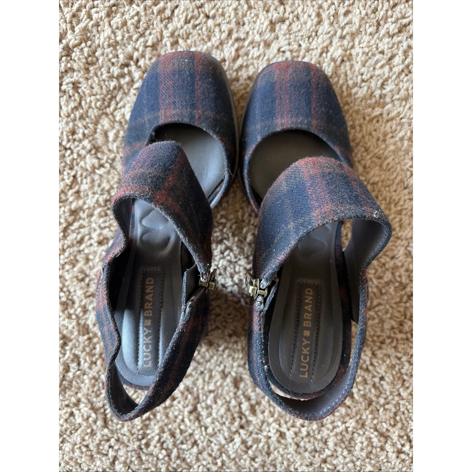 Lucky Brand Dark Brown Multi Plaid Closed Toe Block Heel Shoes Academia Womens 6 - Image 2