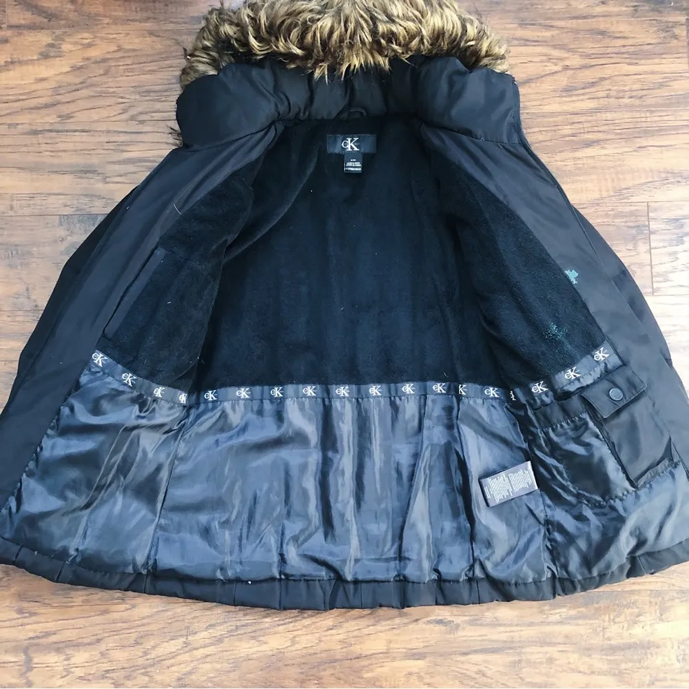Calvin Klein • Goose Down Puffer Jacket coat black quilted faux fur trim hood - Image 5