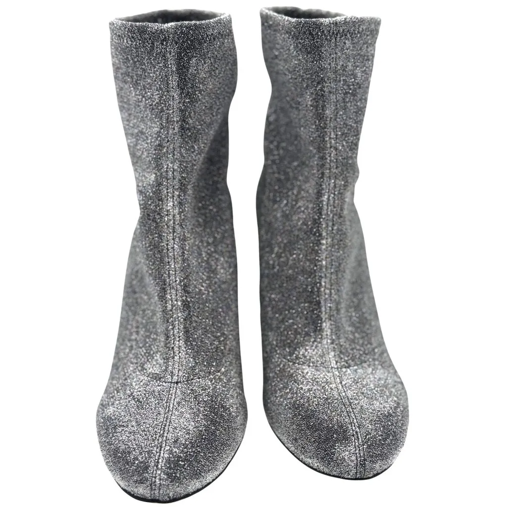Michael Kors Size 8.5 Mandy Glitter Stretch-Knit Ankle Boots Silver - Image 3