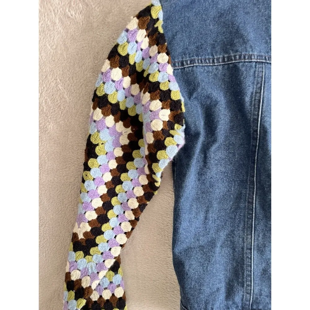 By Anthropologie Crochet Sleeve Denim Jacket Size Small Trucker 70's Boho Funky - Image 10