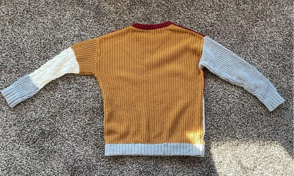 Cable knit, patchwork sweater, maroon, tan, white. Red - Image 2