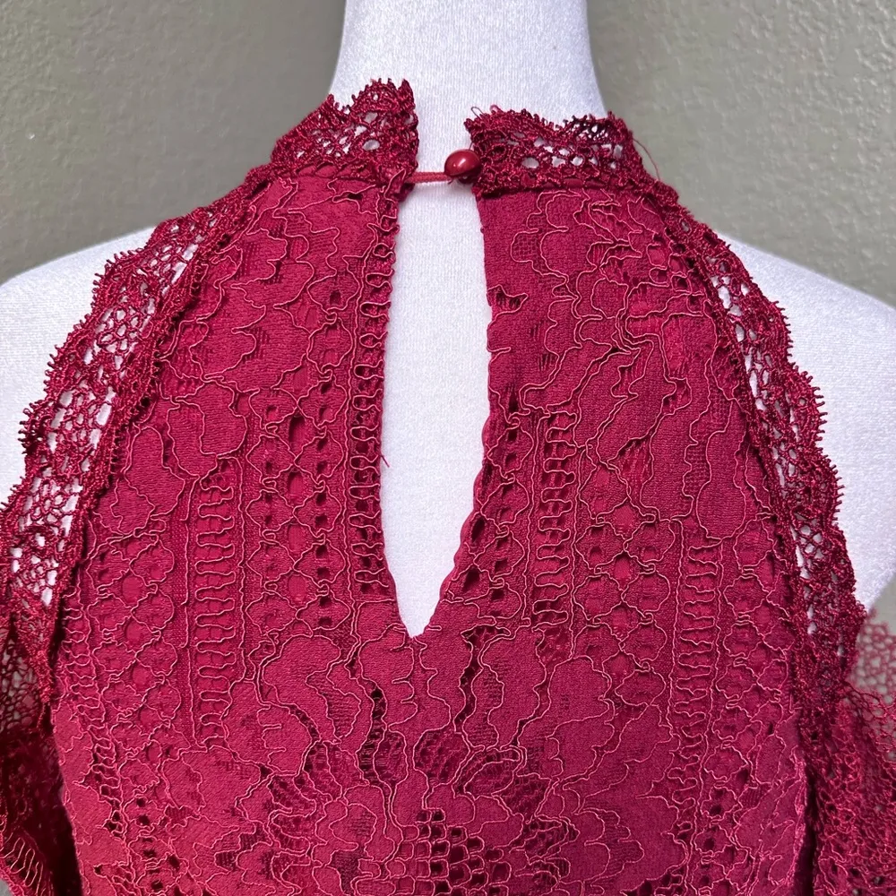 BigHit burgandy lace cold shoulder button neck double layer blouse Pink - Image 4