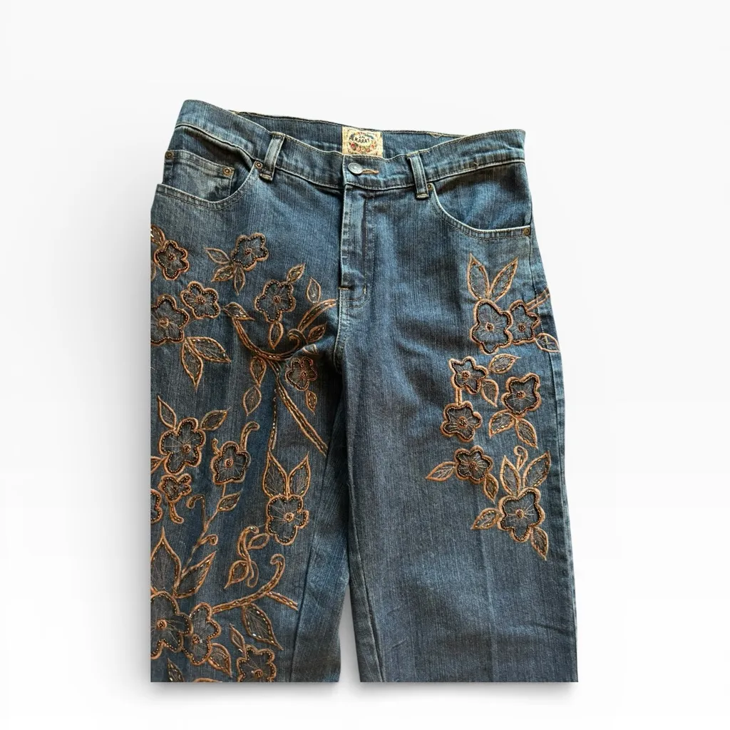 24 Karat Embellished Beaded Embroidered High Waisted Jean Size 6X32 Med Wash Blue - Image 6