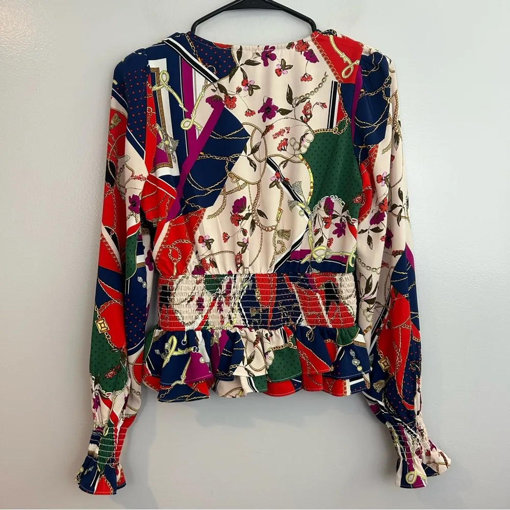 Aqua Chain Print Multi Color Floral Mixed Print Smocked Peplum Top Size XS - Image 5