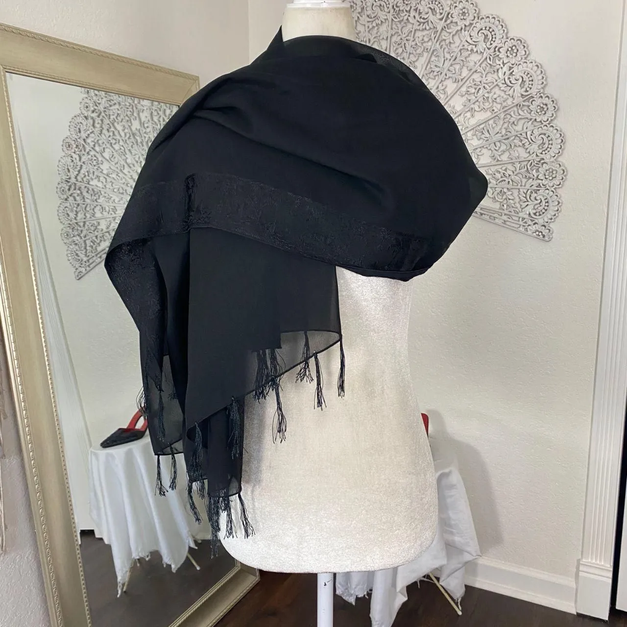 Witchy Whimsygoth Black Mesh Satin Fringe Paisley Scarf / Shawl 42 x 68" Large - Image 3