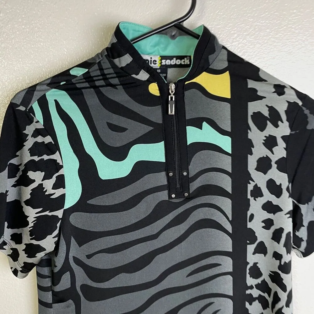 Jamie Sadock Womens XS Short Sleeve Top Grey Animal Print Green Signed 1/4 Zip Gray - Image 4