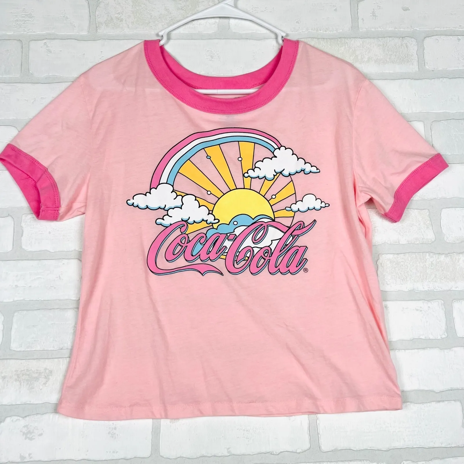 Coca-Cola‎ T-Shirt Pink Rainbow Graphic Ringer Tee Top Womens Size Medium - Image 13