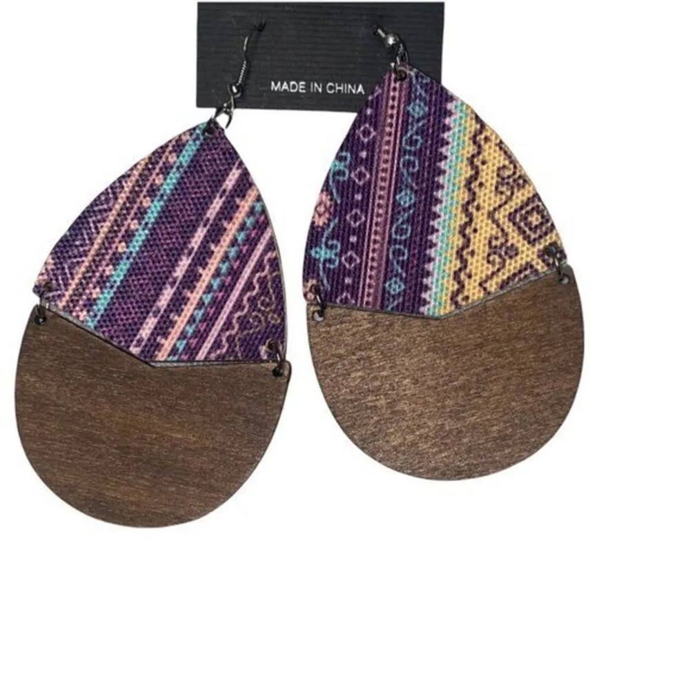 New NWT Wooden Fabric Covered Boho Aztec Dangle Earrings Purple Yellow - Image 2