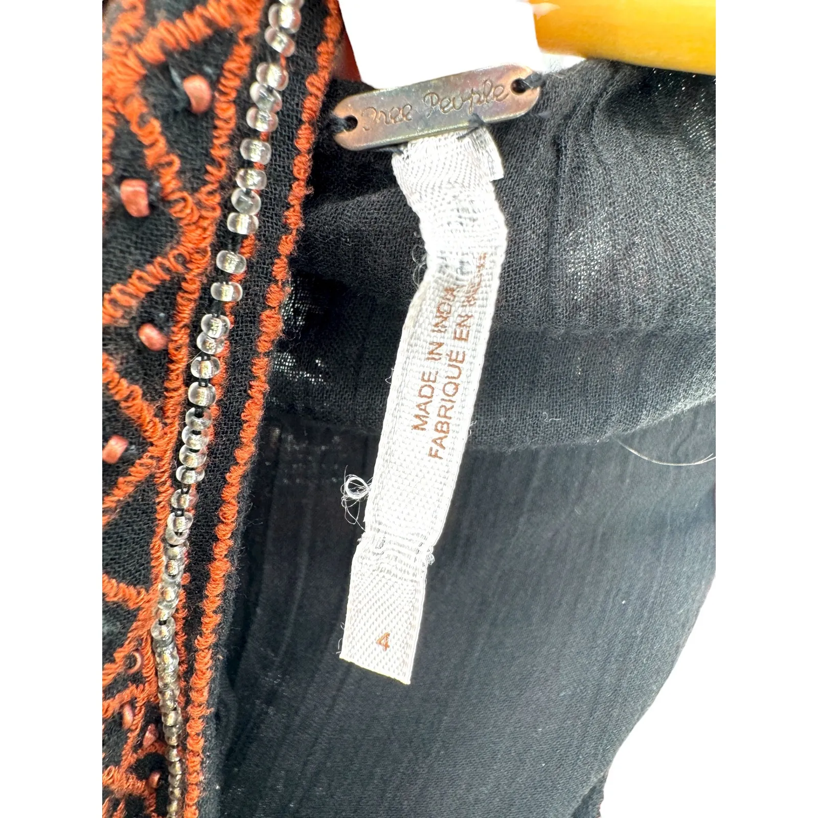 Free People Aztec Beaded Embroidered Bib Dress Black‎ Boho Festival Cotton Sz 4 - Image 5