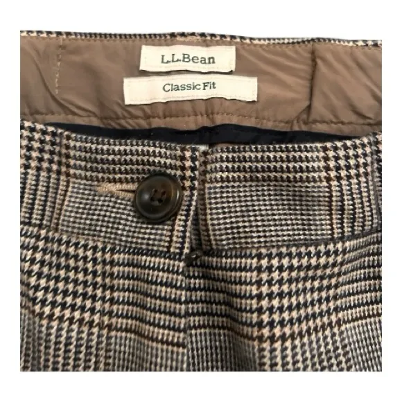 L.L. BEAN Plaid Houndstooth 100% Cotton Pants Womens Petite 10 Classic Fit Brown Blue - Image 2