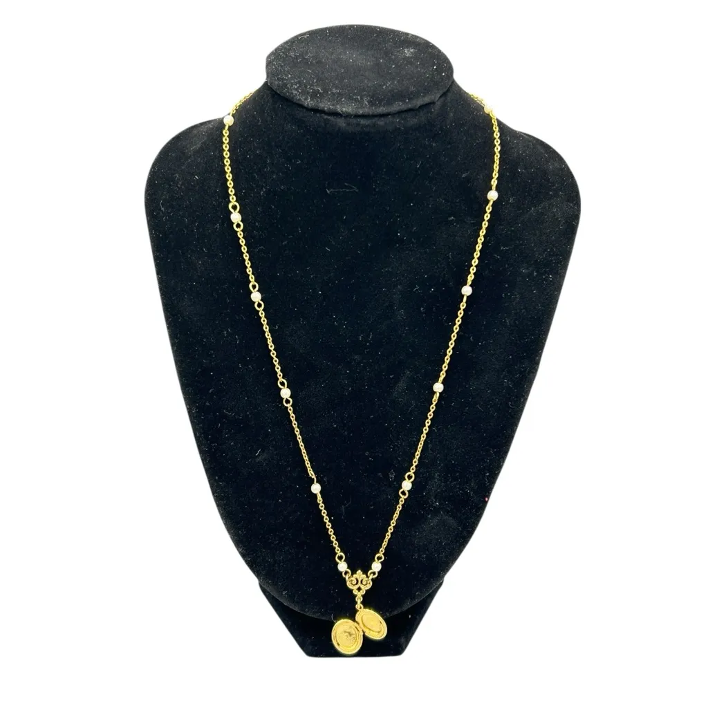 1928 Jewelry Gold Tone Station Necklace Faux Pearls Locket - Image 8