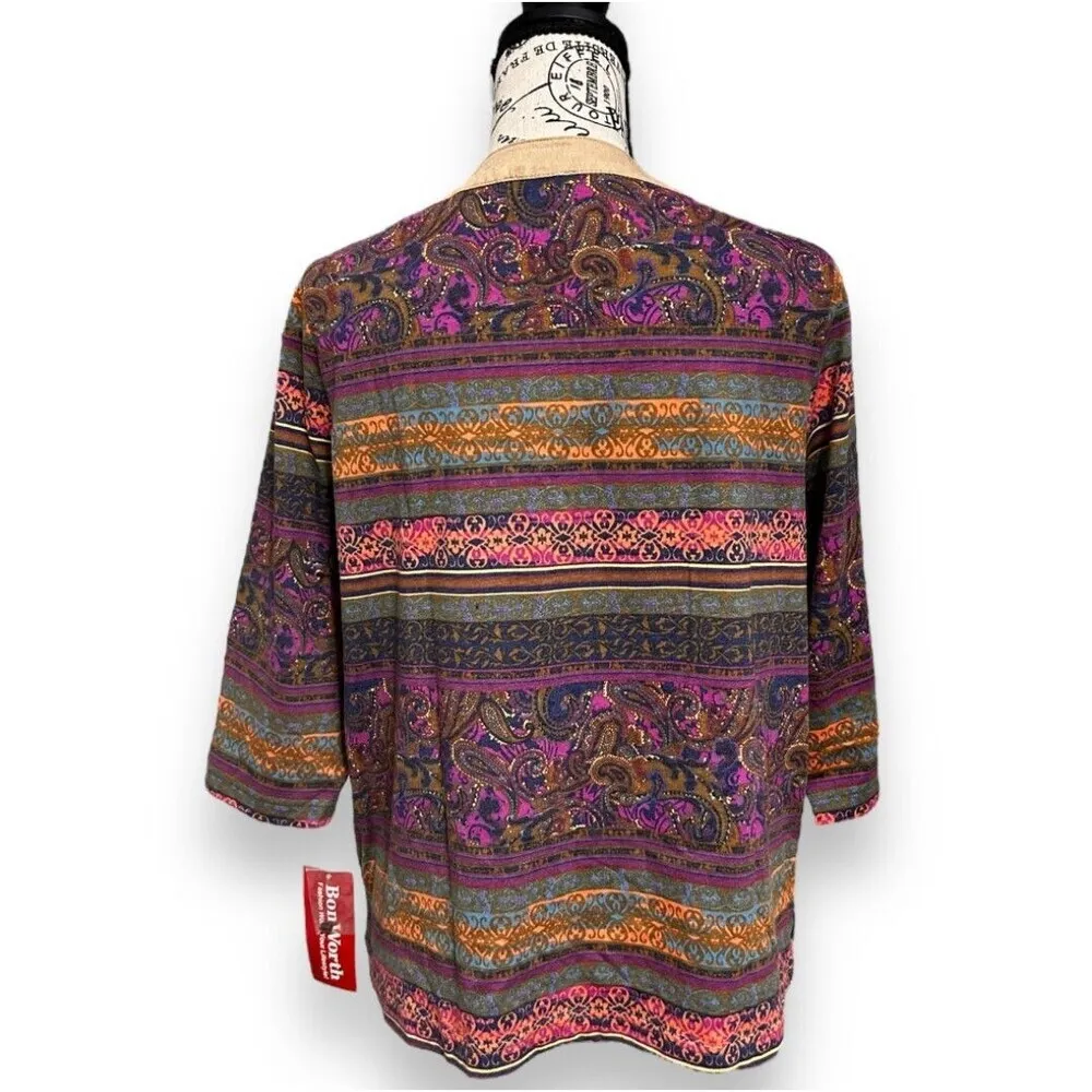 BonWorth XS Petite Boho Paisley Top Multicolor‎ Suede Trim Blouse 3/4 Sleeve NWT - Image 5