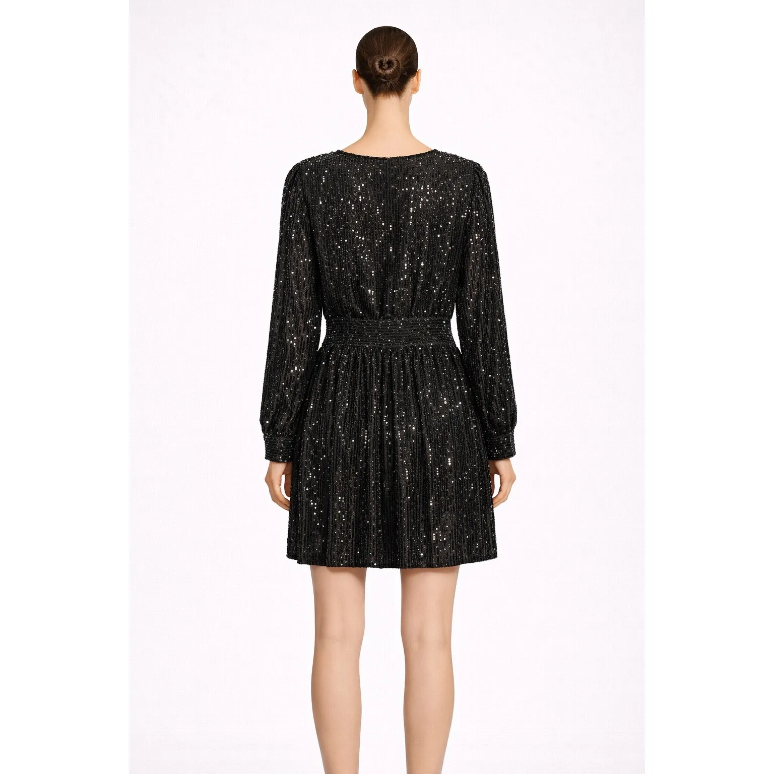 MICHAEL KORS Black Sequin V Neck Long Sleeve Smocked Waist Women's size P/L - Image 2
