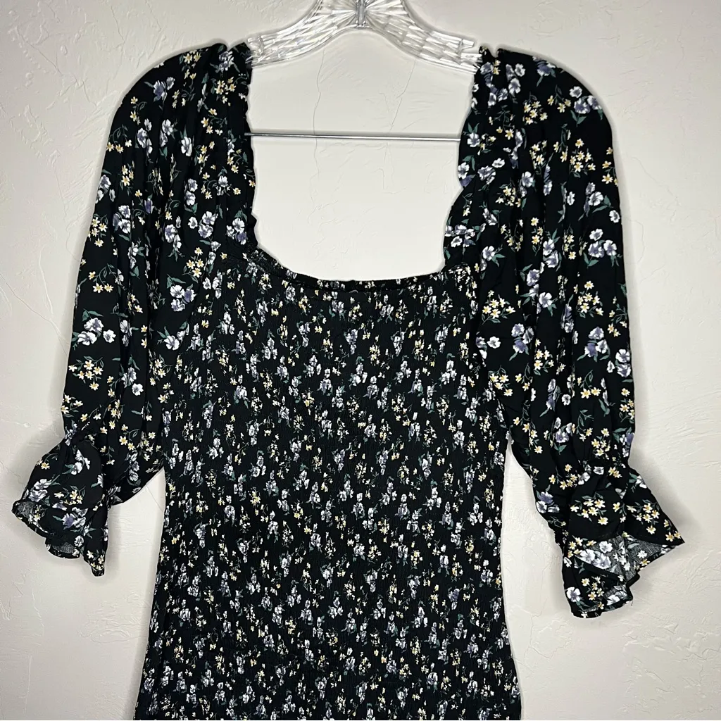 The Grayson Black Ditzy Blue Floral Smocked Puff Sleeve Square Neck Dress - Image 12