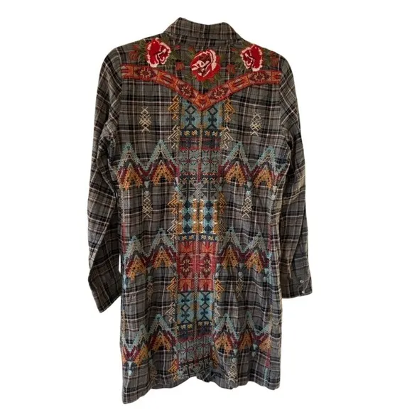 Johnny Was 3J Workshop Plaid Pearl Snap Up Tunic Western Floral Embroidered Boho - Image 3
