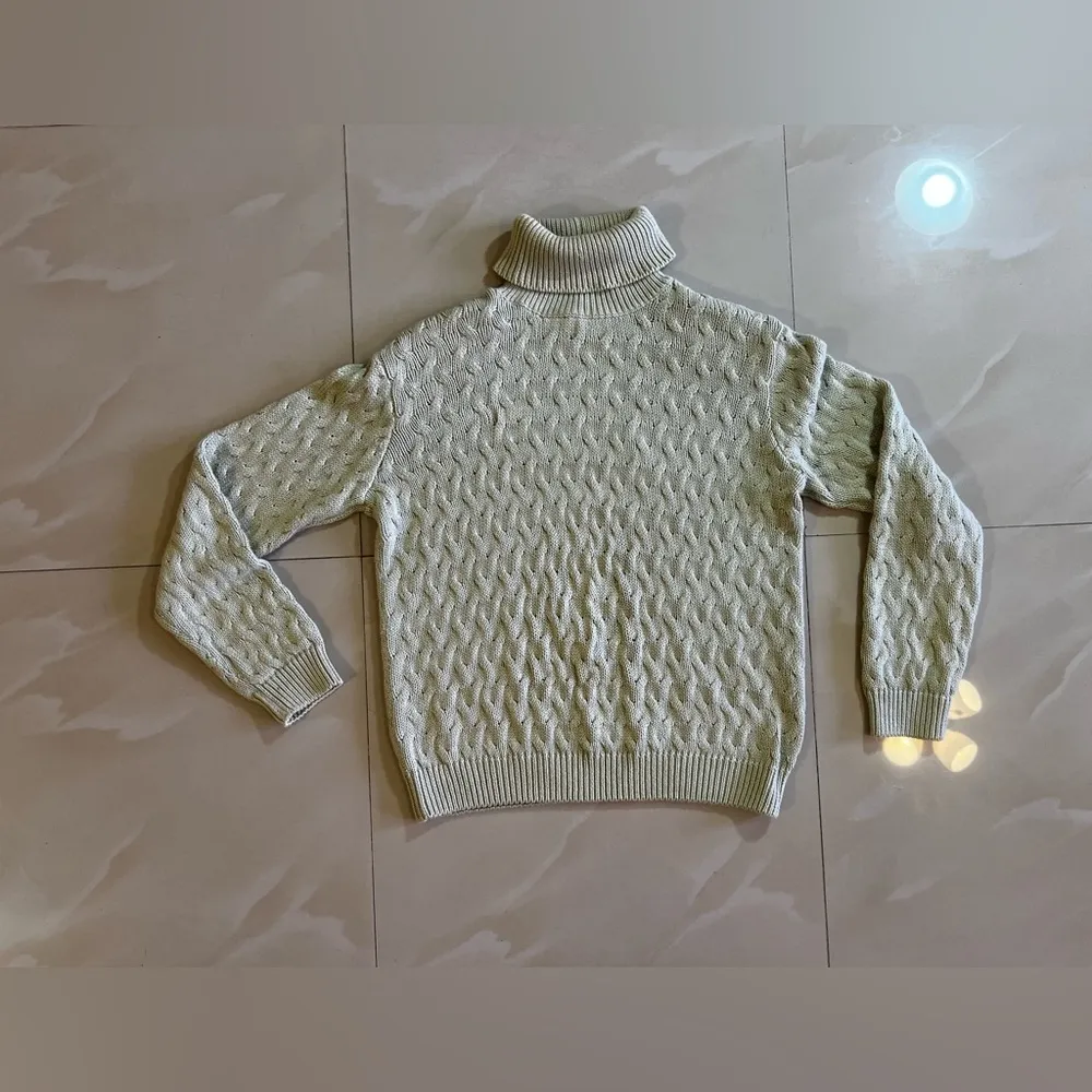 Jeanne Pierre Sweater coat Women Sage Green Cotton Cable Knit Turtleneck size S - Image 11