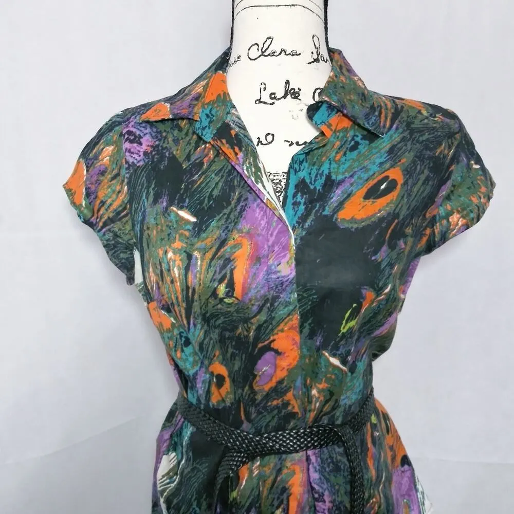 Richard Malcolm Colorful Abstract Peacock Feather Linen Top With Belt S - Image 3
