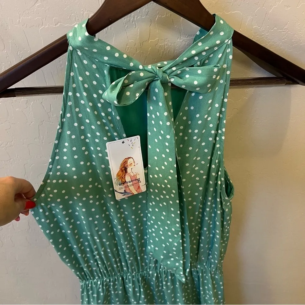 PRETTYGARDEN Halter Neck Sleeveless Maxi Dress tiered Sundress, polka dot, sz S Green - Image 6