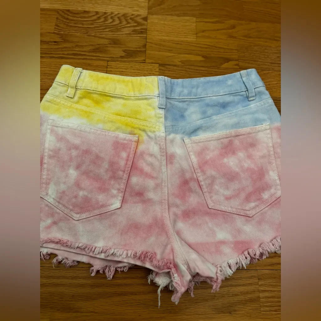 Forever 21 Pastel Yellow Pink Blue Denim Colorful Distressed Summer Shorts Sz 31 - Image 9