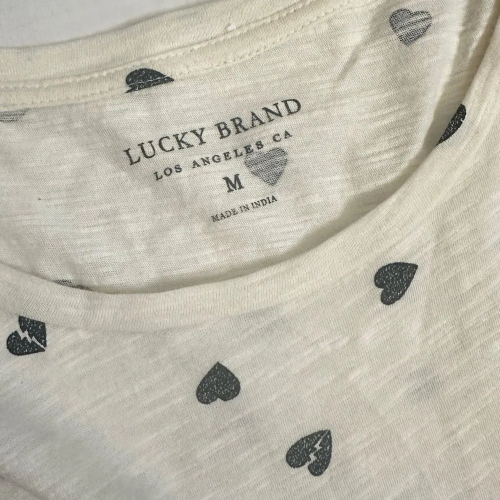 Lucky Brand Heart Print Cream/Black Asymmetrical Front Tie Ruched T Shirt - Image 4