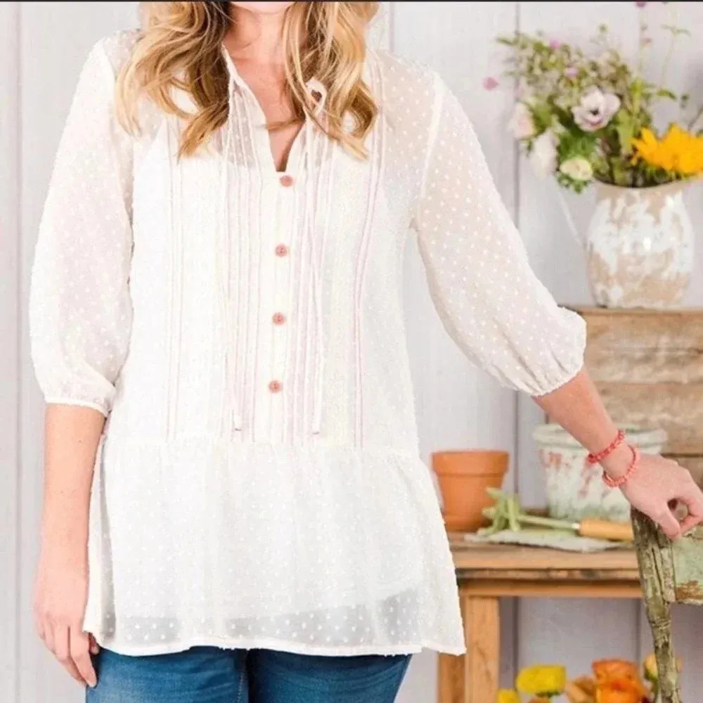 Matilda Jane Light the Way Blouse - EUC - Sheer Boho Peasant Top - Swiss Dot - Image 2