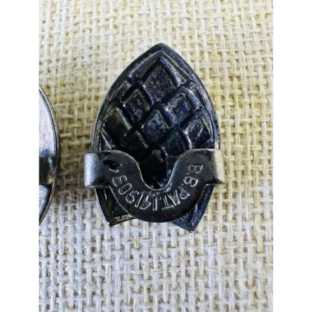 1920s Silver Tone W/Black Shoe Button Cover Ornamental Stamped Pat. 1419034 2pcs - Image 5