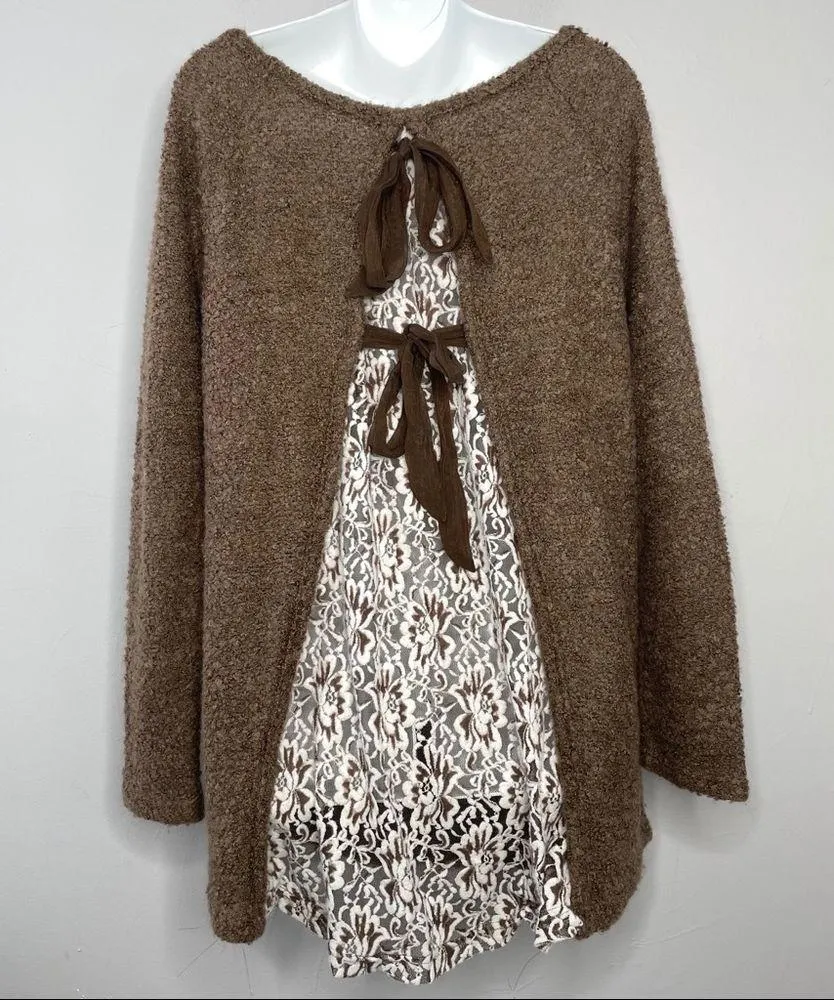 A’REVE Brown Ivory Lace Fuzzy Sweater Size L - Image 2