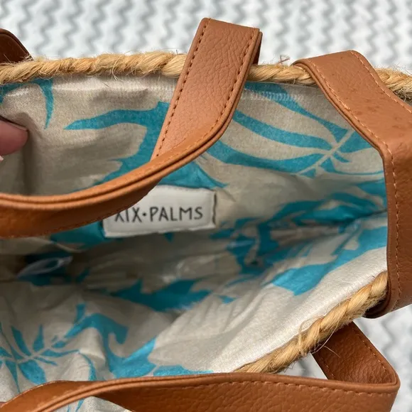 XIX PALMS Straw Backpack Cooler Tan Leather Straps Nautical Print Lining - Image 6
