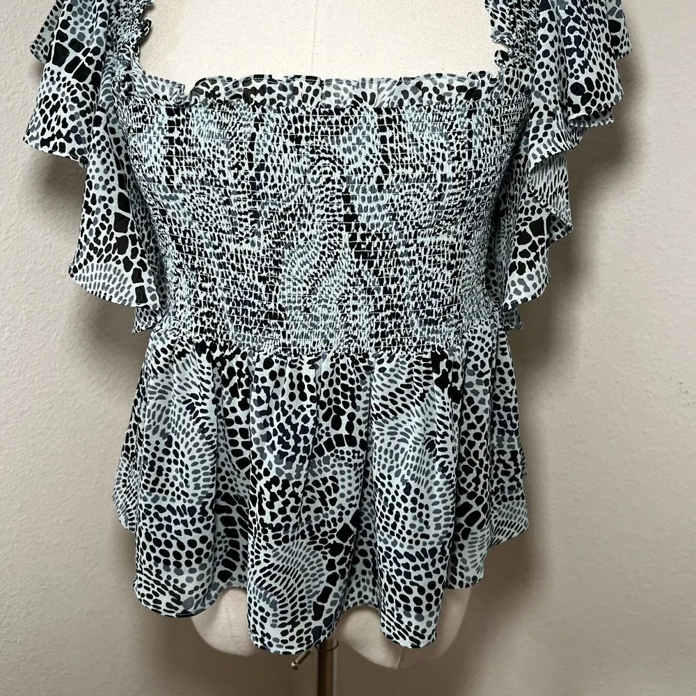 Cinq A Sept‎ Anabelis Smocked Ruffle Top Blue Sz Medium Square Neck Animal Print - Image 8