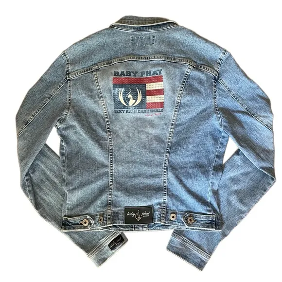 90s Vintage Baby Phat “Sexy American Female” Flag Embellished Denim Jacket XL - Image 2