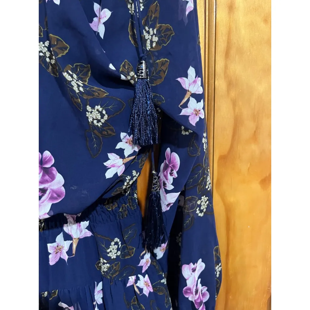 Mikael Aghal Navy Floral Ruffle Midi Dress Tassel Tie Women’s Size 4 Blue - Image 2