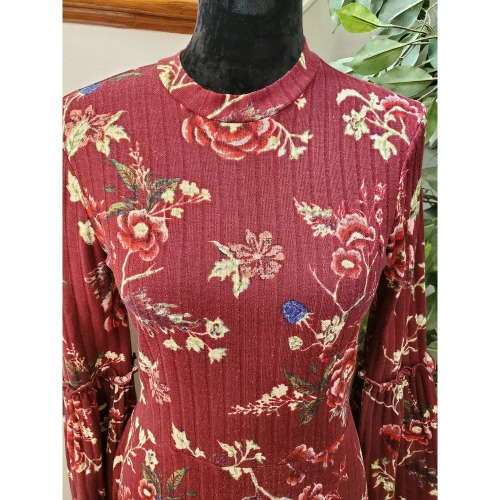Love Fire Women Maroon Polyester Long Sleeve Mock Neck Knee Length Dress Size L - Image 5