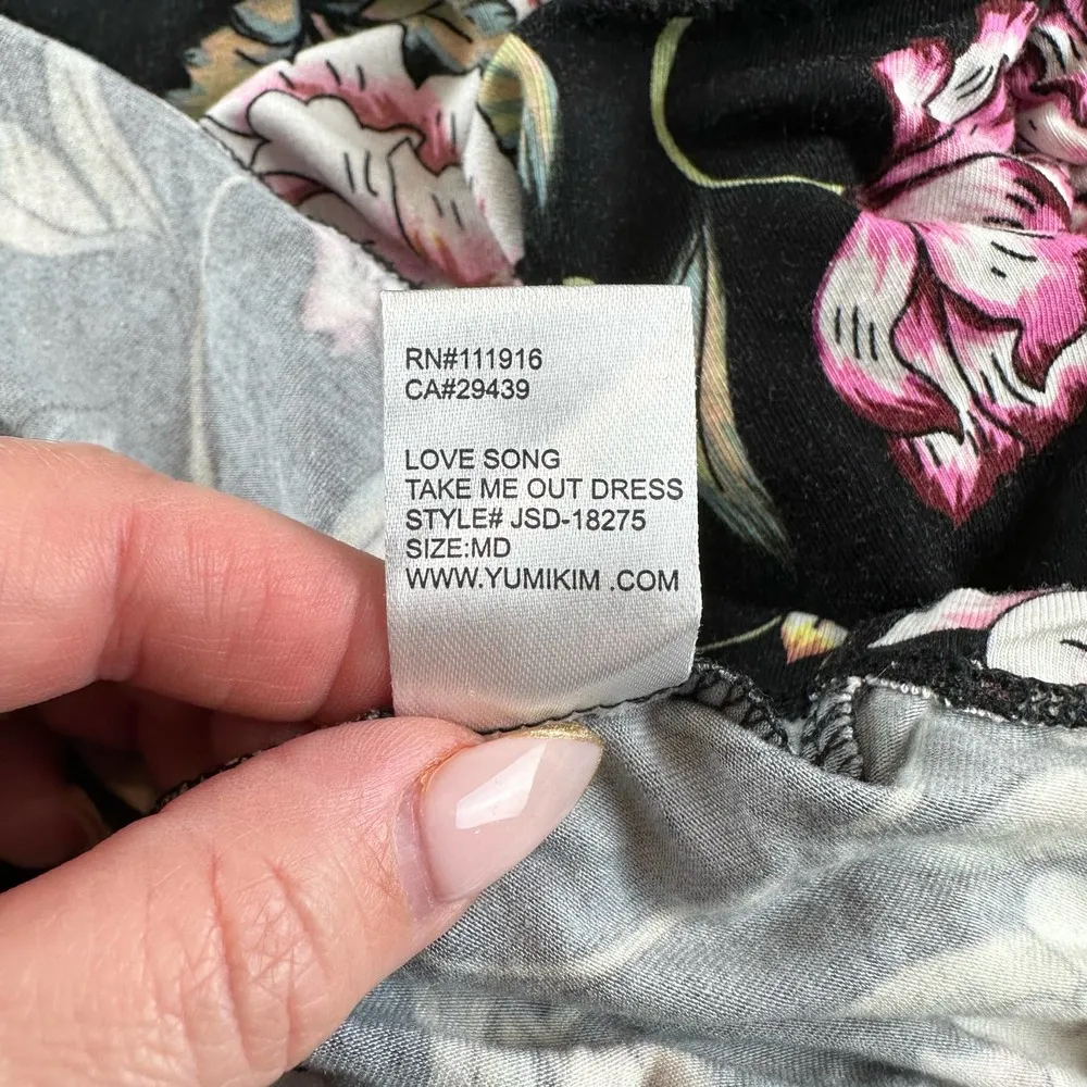 Yumi Kim Love Song Black Floral Take Me Out Jersey Ruched Dress Size M - Image 7