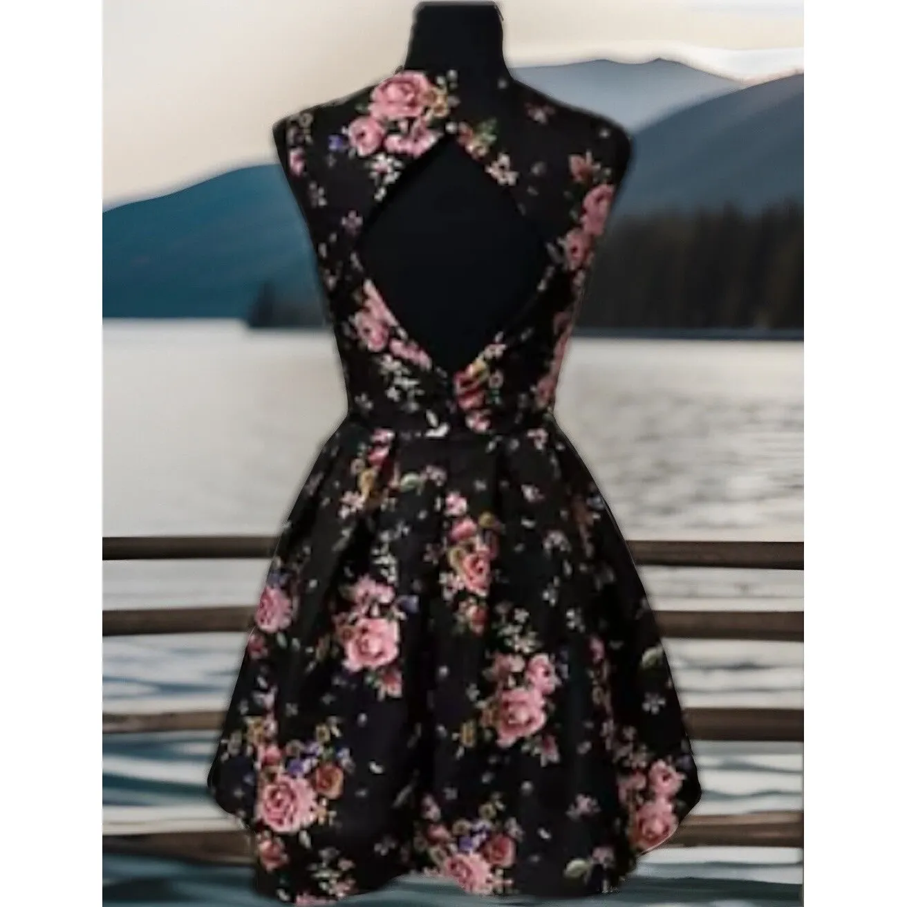 Forever 21 Pink Floral Roses Skater Romantic Sexy Hawaiian CutOut Dress S OLDSTO - Image 2