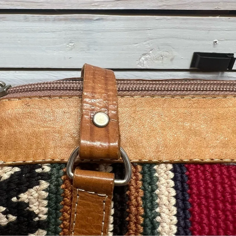 Vintage Boho Aztec Woven Striped Leather Tote Shoulder Bag Hippie Festival OS Red - Image 8