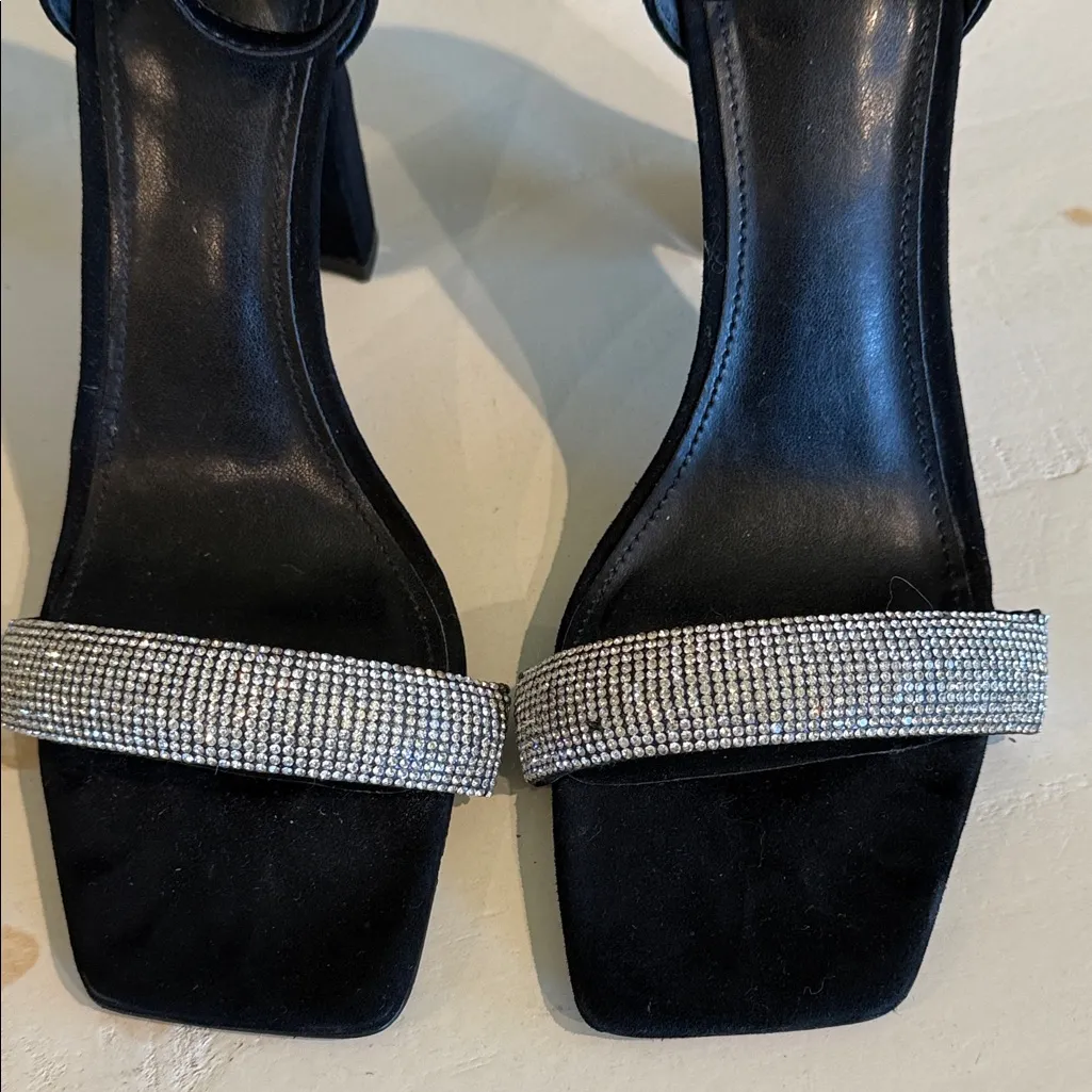 MARC FISHER Formal Black Suede & Silver Sparkle Bling Ankle Strap Heels Size 8 - Image 4