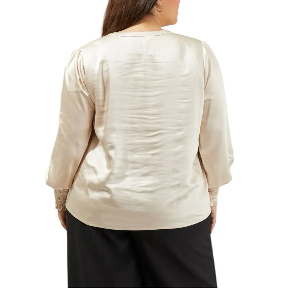 Sugarlips Henley Satin Long Sleeve Blouse 2X in Champagne NWT Cream Long Sleeve - Image 2