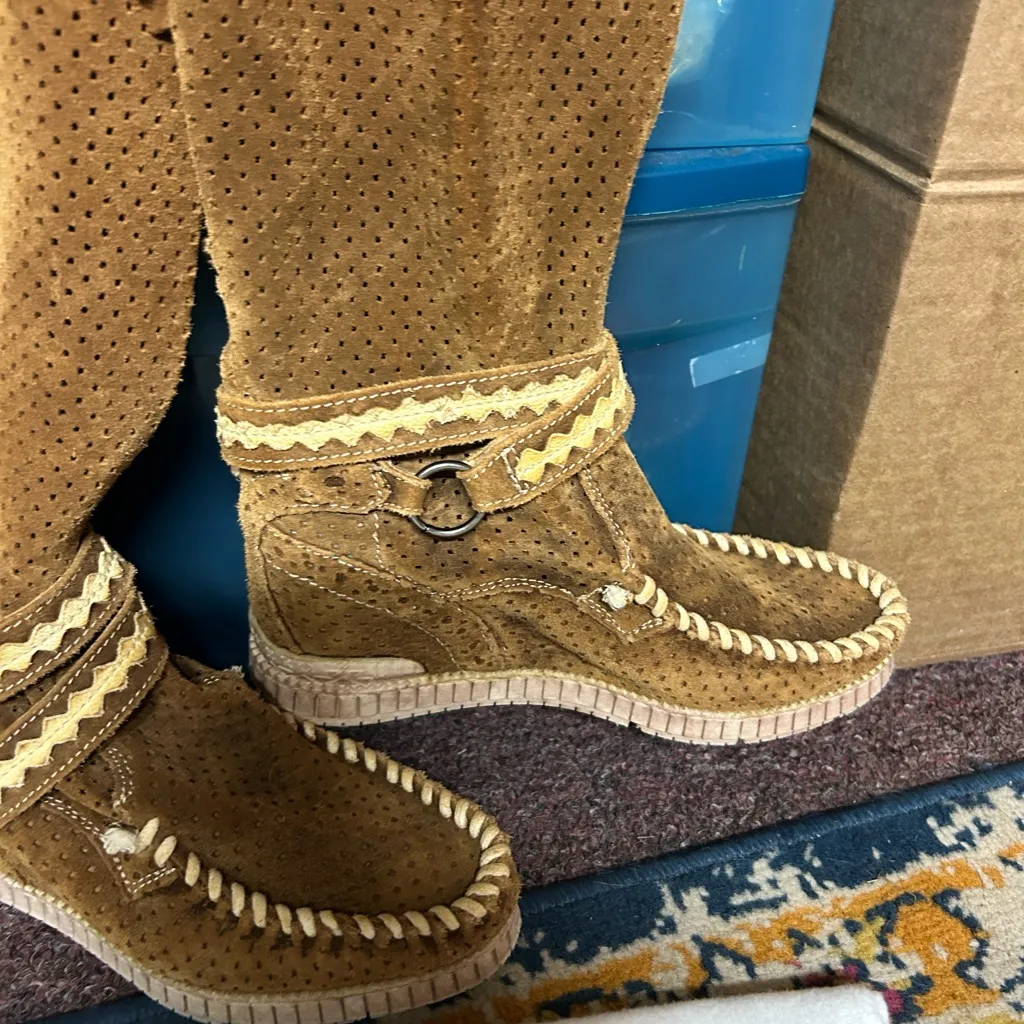 El Vaquero 80s Brown Suede Fringe Boots size 36 Pull on Knee High - Image 9