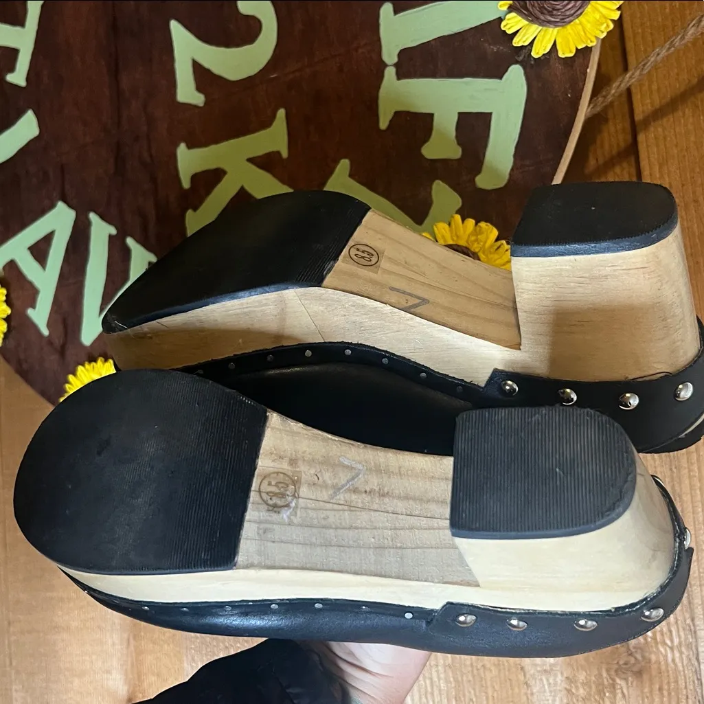 Chelsea & Violet Jana Black Leather Platform Wood Clog Gromit Slip On Mule 8 8.5 - Image 8