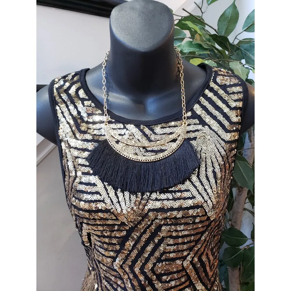 K Too Long Maxi Dress Womens Large Black Gold Sequin Sleeveless Round Neck - Image 10